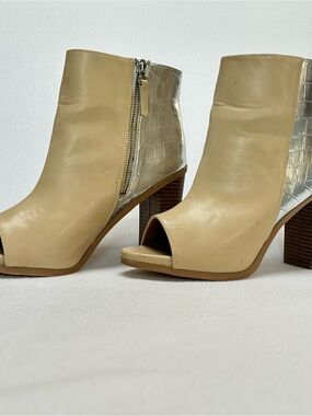 Leila Stone Beige Open-Toe Ankle Booties with Metallic Croc Heel Panel
